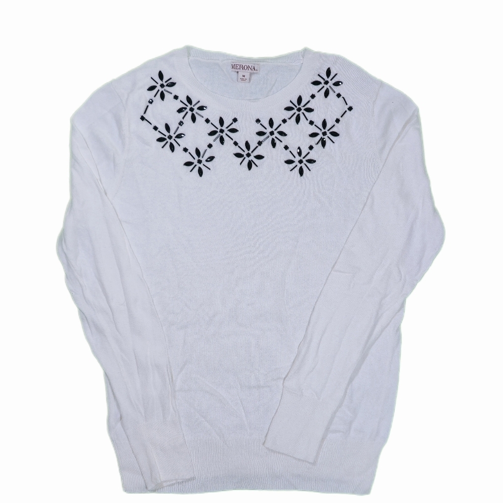 Merona White‎ Sweater with Black Floral Design